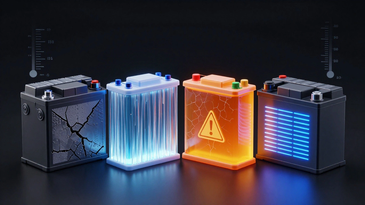 Сравнение четырёх типов аккумуляторов: свинцовый, AGM, гелевый и литий-ионный в научно-концептуальном стиле.