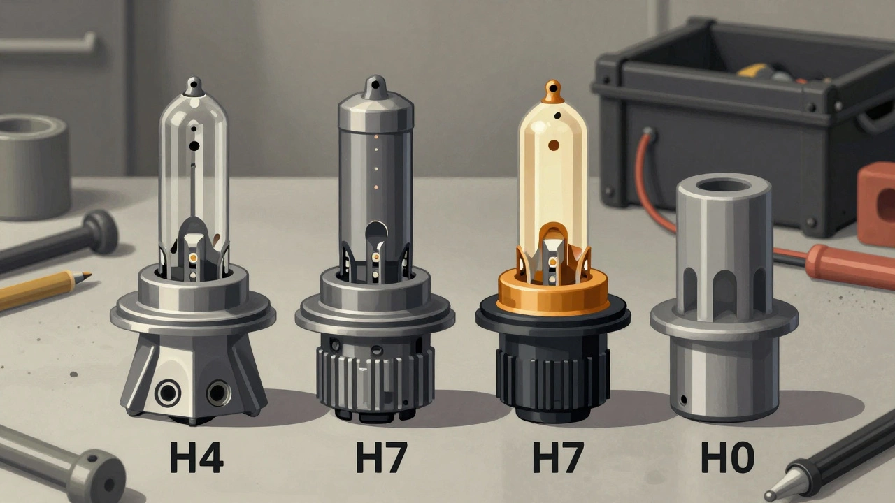 Сравнение цоколей H4, H7 и H1 на рабочем столе механика с инструментами.