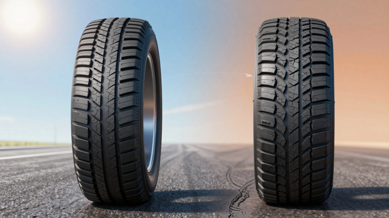 Сравнение летней и M/S шины: одна тормозит быстро, другая — с длинным следом на горячем асфальте.