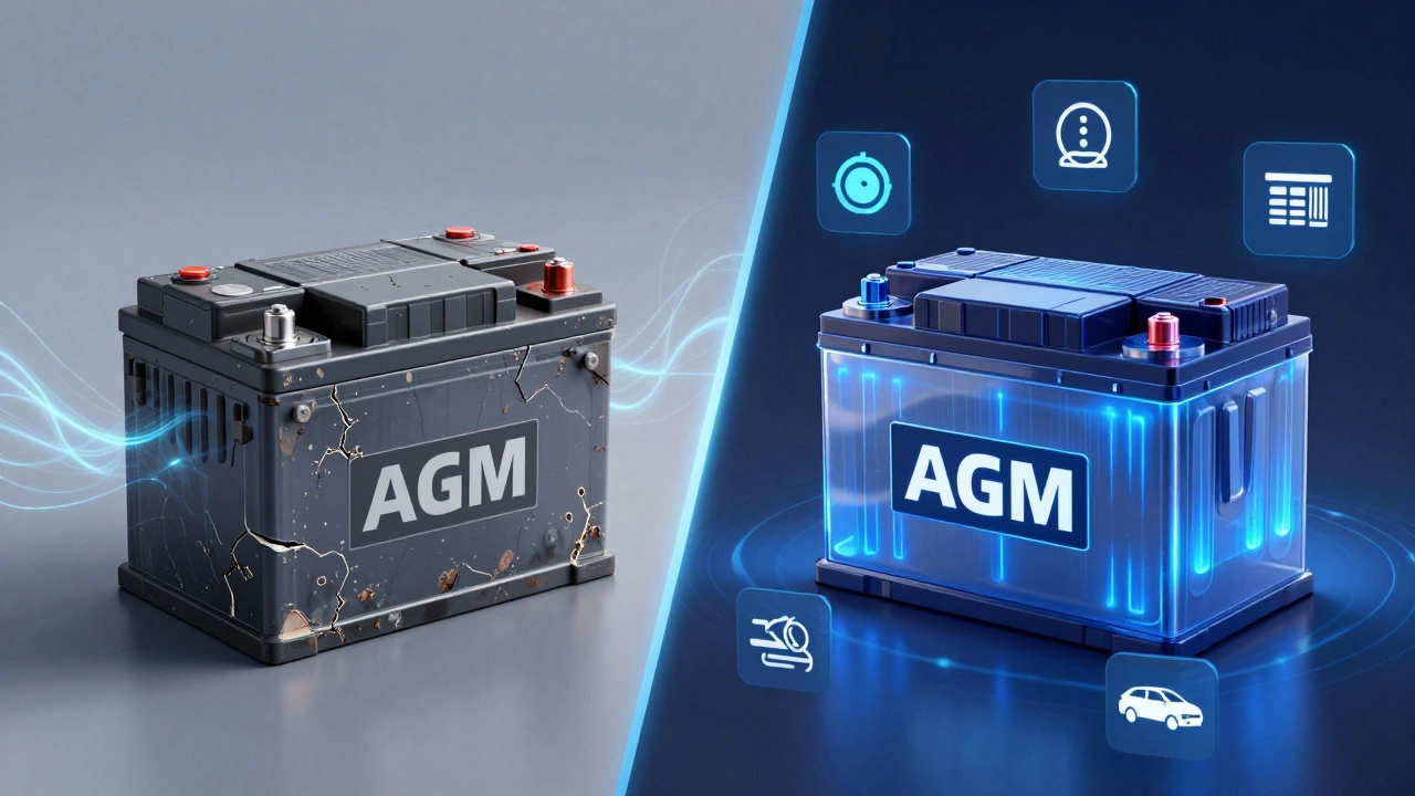 Сравнение старого и современного аккумулятора: слева — разряженный, справа — с стабильной энергией, символизирующий технологический прогресс.