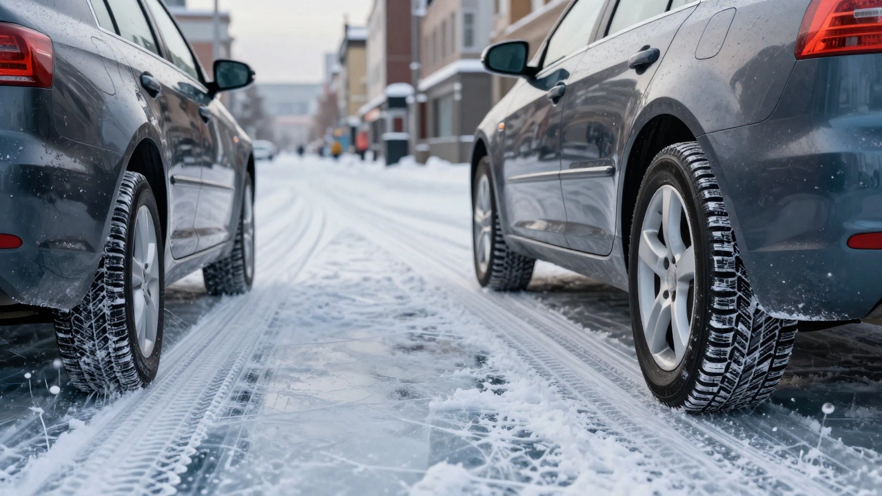 Сравнение тормозного пути: машина с M+S и зимними шинами на льду.