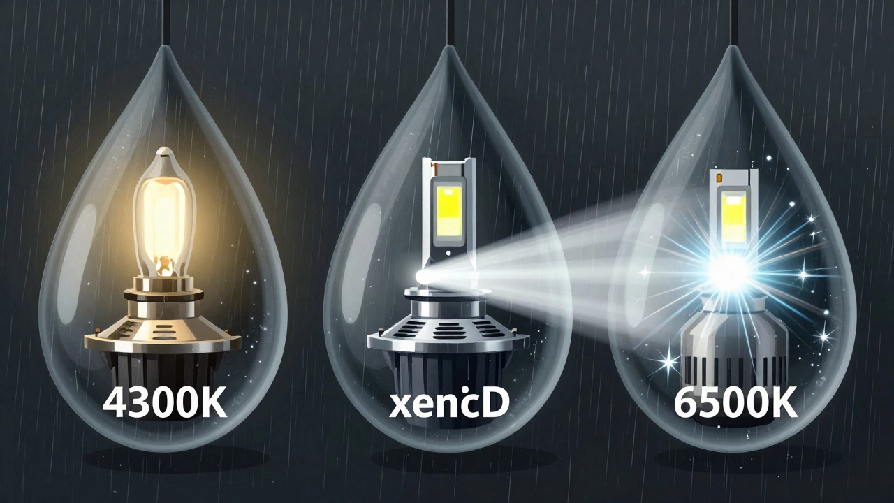 Сравнение трёх типов ламп в дождь: тёплый галоген, ксенон и холодный светодиод в среде капель воды.
