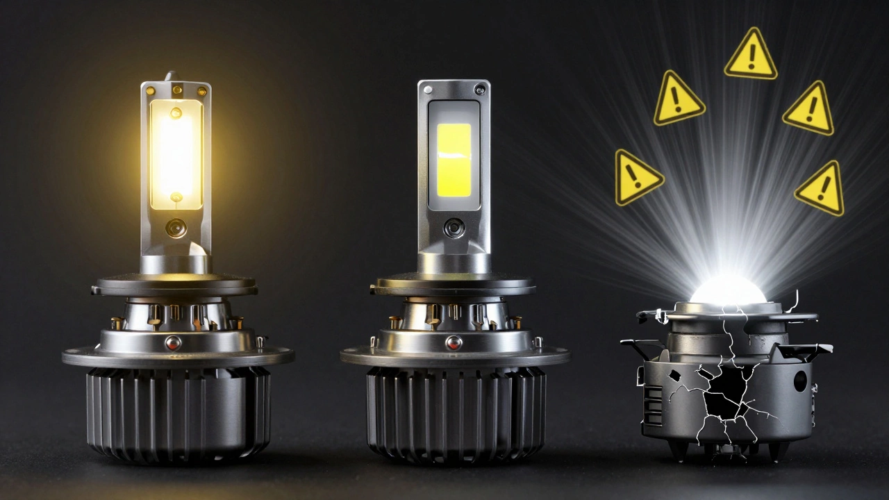 Три типа фар: галогенная, сертифицированная светодиодная и нелегальная замена — сравнение безопасности и соответствия стандартам.