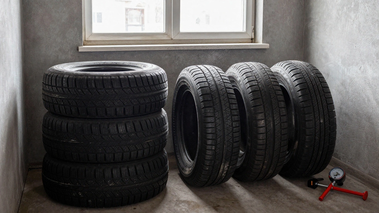 В гараже стоят два комплекта шин — зимние и всесезонные, виден сезонный переход.