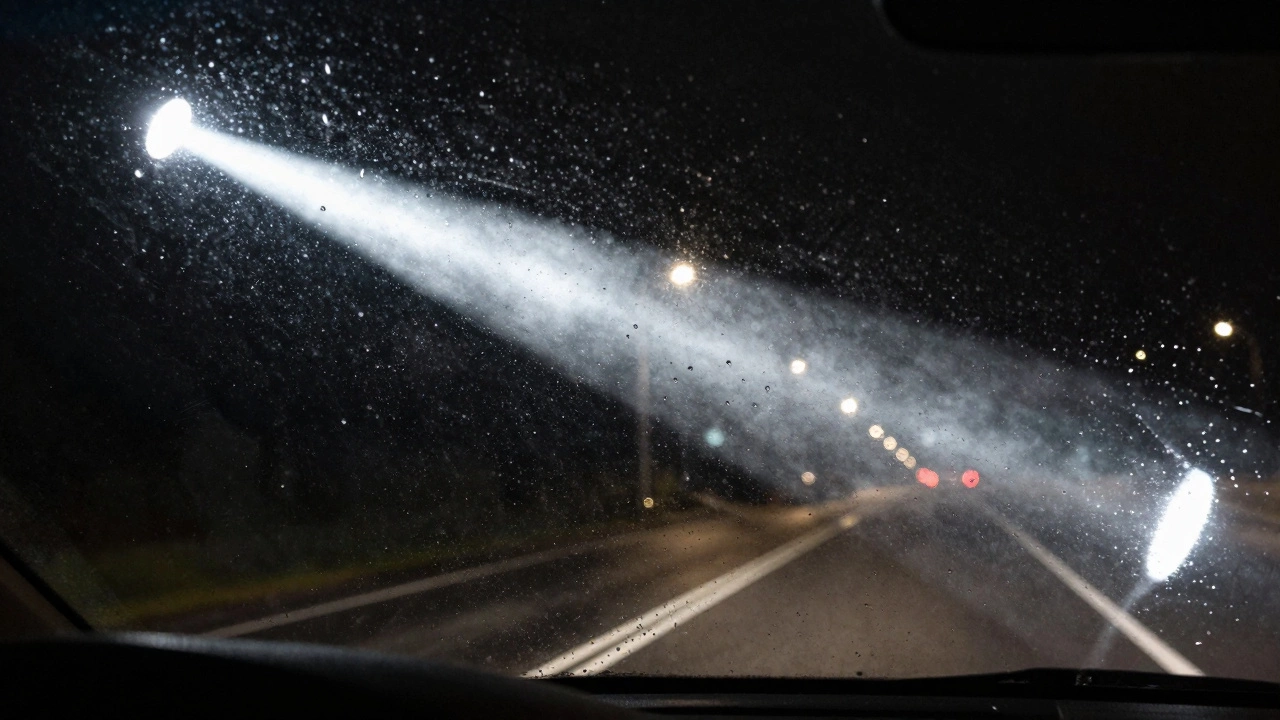 Вид из салона автомобиля: чёткий свет 4300K против ослепительного рассеянного света 6000K в дождь.