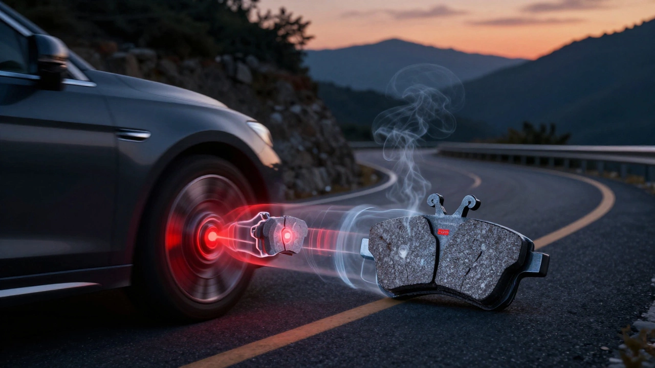 Автомобиль на горной дороге: перегревающиеся тормоза Raybestos против холодных, надежных колодок Bosch и Textar.