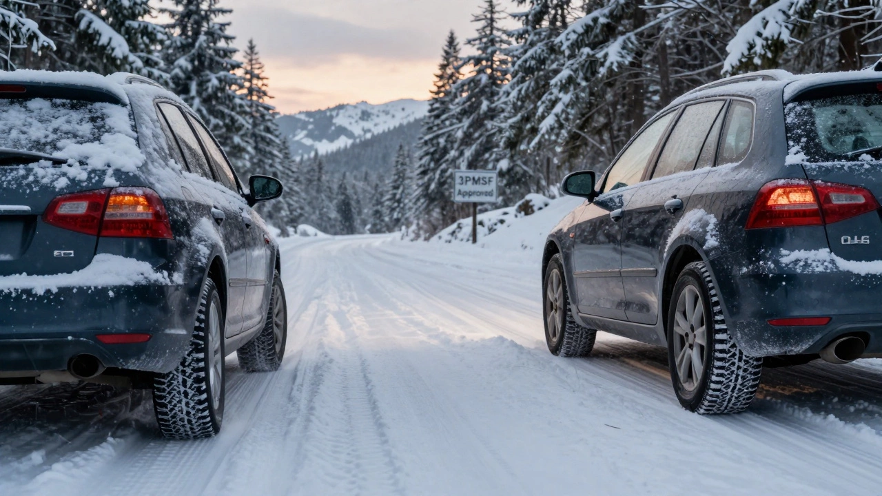 Автомобиль с всепогодными шинами уверенно движется по снежной дороге в метель.