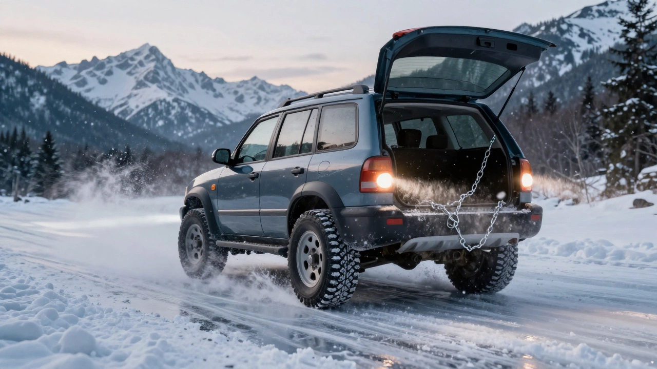 Машина теряет управление на льду, зимние шины с символом снежинки сцепляются с дорогой, за спиной — буря.