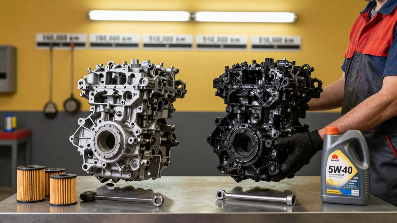 Механик держит грязную и чистую детали двигателя рядом, на фоне шкалы пробега.