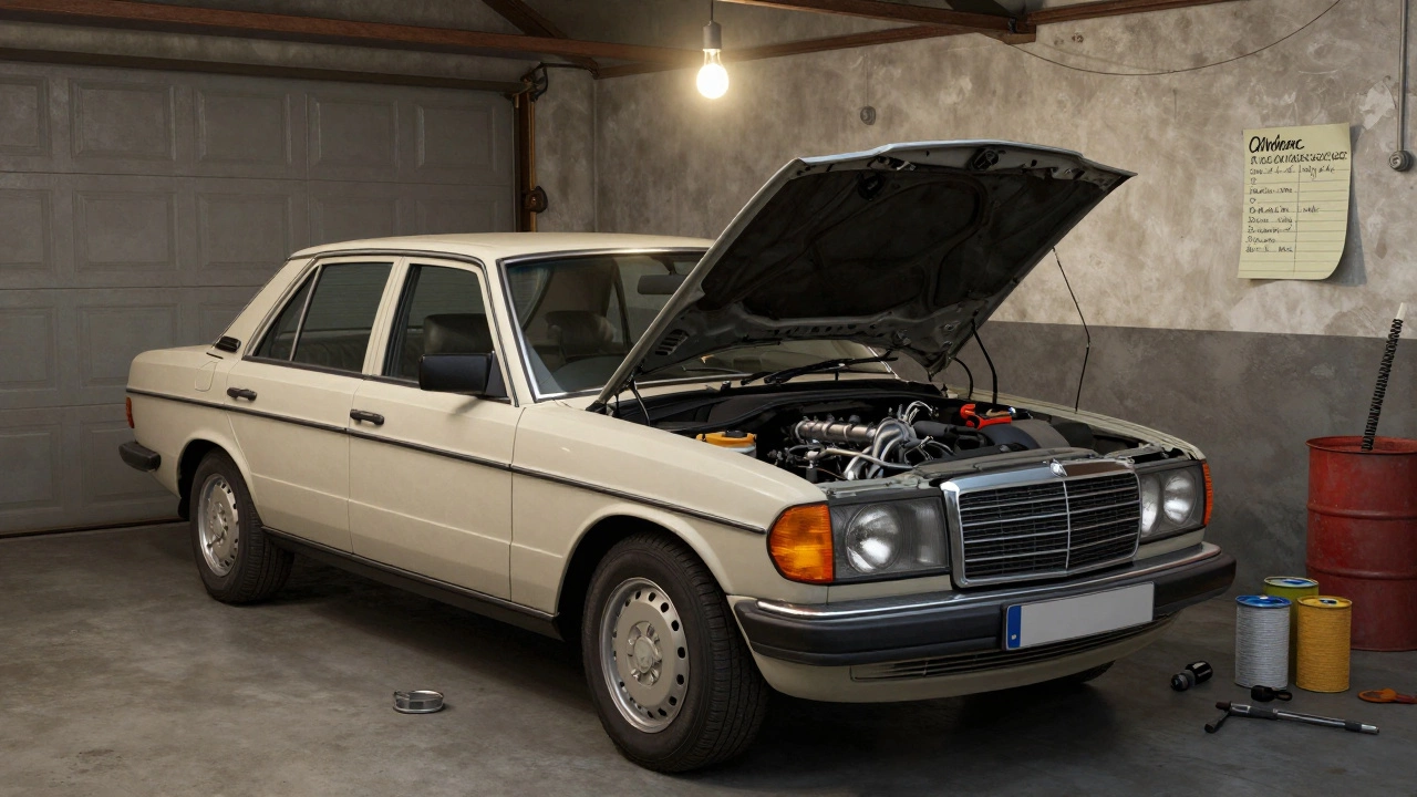 Mercedes W123 1983 года в гараже с открытым капотом и простым дизельным двигателем, видны инструменты и записи ТО.