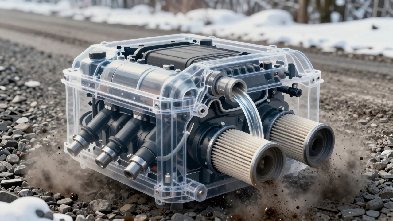 Прозрачный двигатель с чистым маслом и фильтрами, блокирующими пыль и грязь.