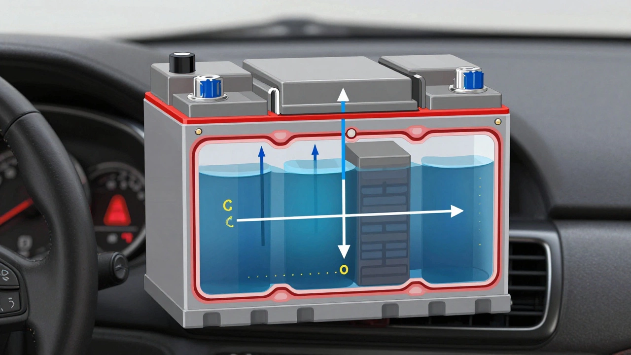 Разрез автомобильного свинцово-кислотного аккумулятора с показом пластин и электролита внутри.