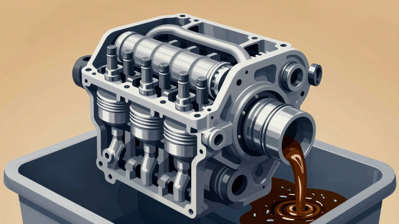 Разрез двигателя: чистое масло циркулирует по деталям, а грязное масло стекает в отходы.