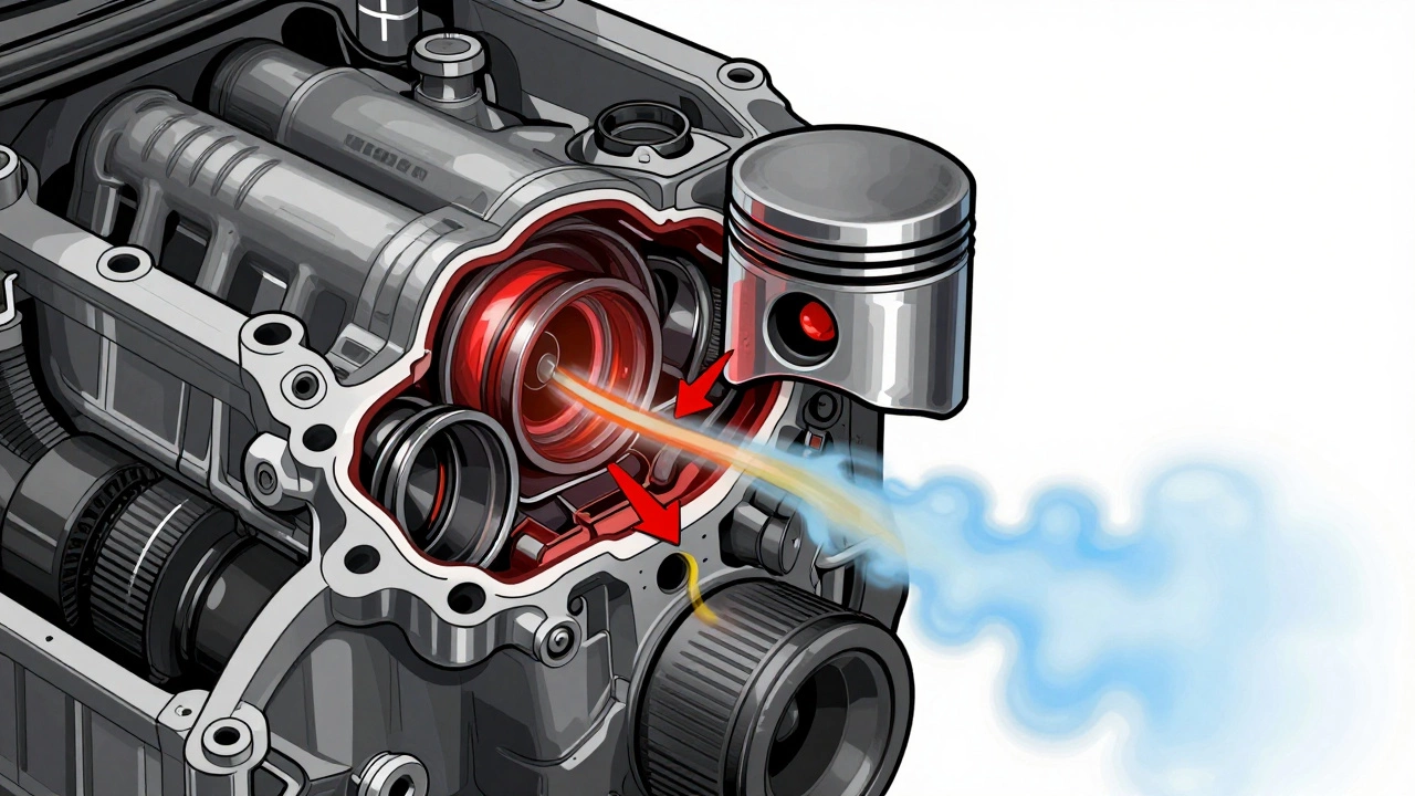 Разрез двигателя с изношенными поршневыми кольцами и потоком масла в камеру сгорания.