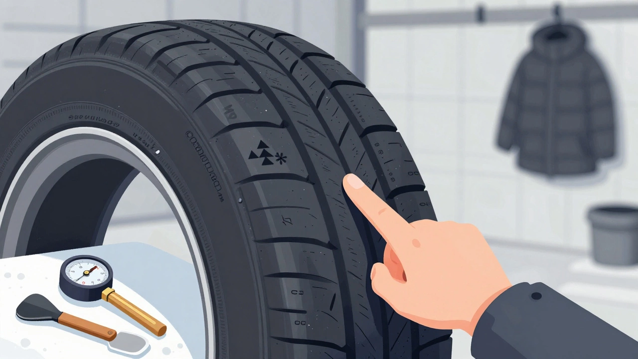 Рука указывает на боковину шины с четко видимым символом 3PMSF.