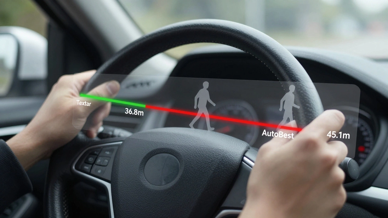 Рука за рулем с прозрачными линиями тормозного пути, показывающими разницу в безопасности.