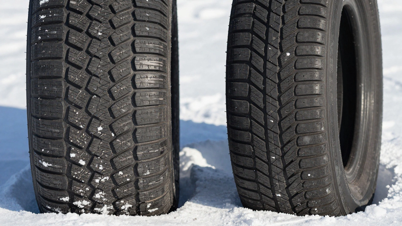 Сравнение зимней и всесезонной шин: глубокий протектор с ламелями против гладкой резины.