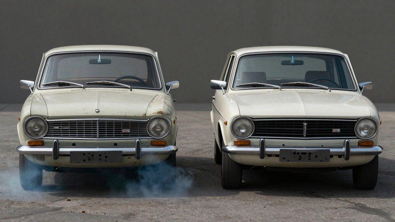 Старый и новый автомобиль рядом — один с дымом, другой без, символизируя разницу в уходе.