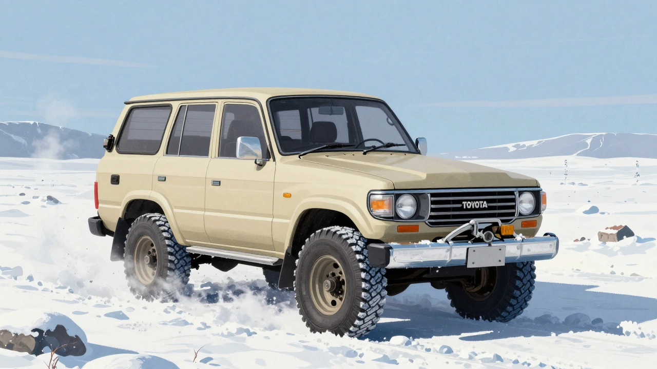 Toyota Land Cruiser 1992 года в снежной сибирской тайге, без тюнинга, с видимым износом от экстремальных условий.