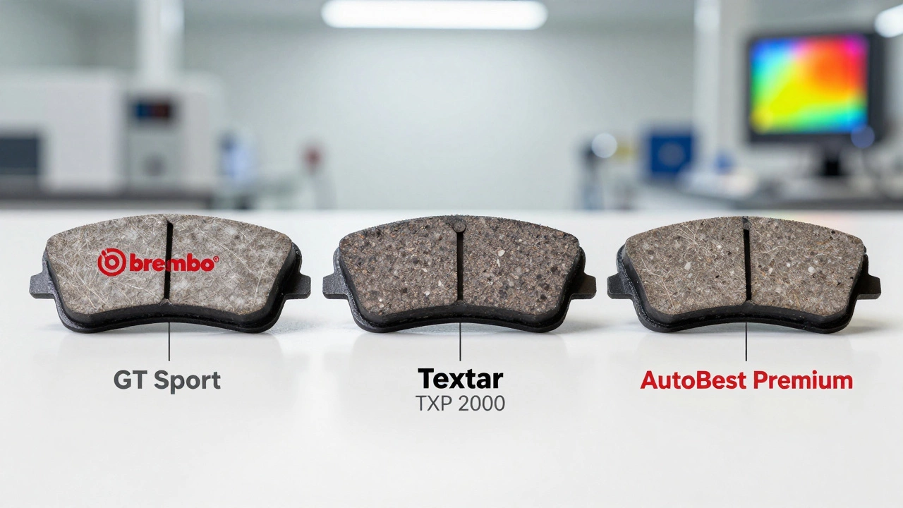 Три тормозные колодки с разной текстурой материала под лабораторным светом.