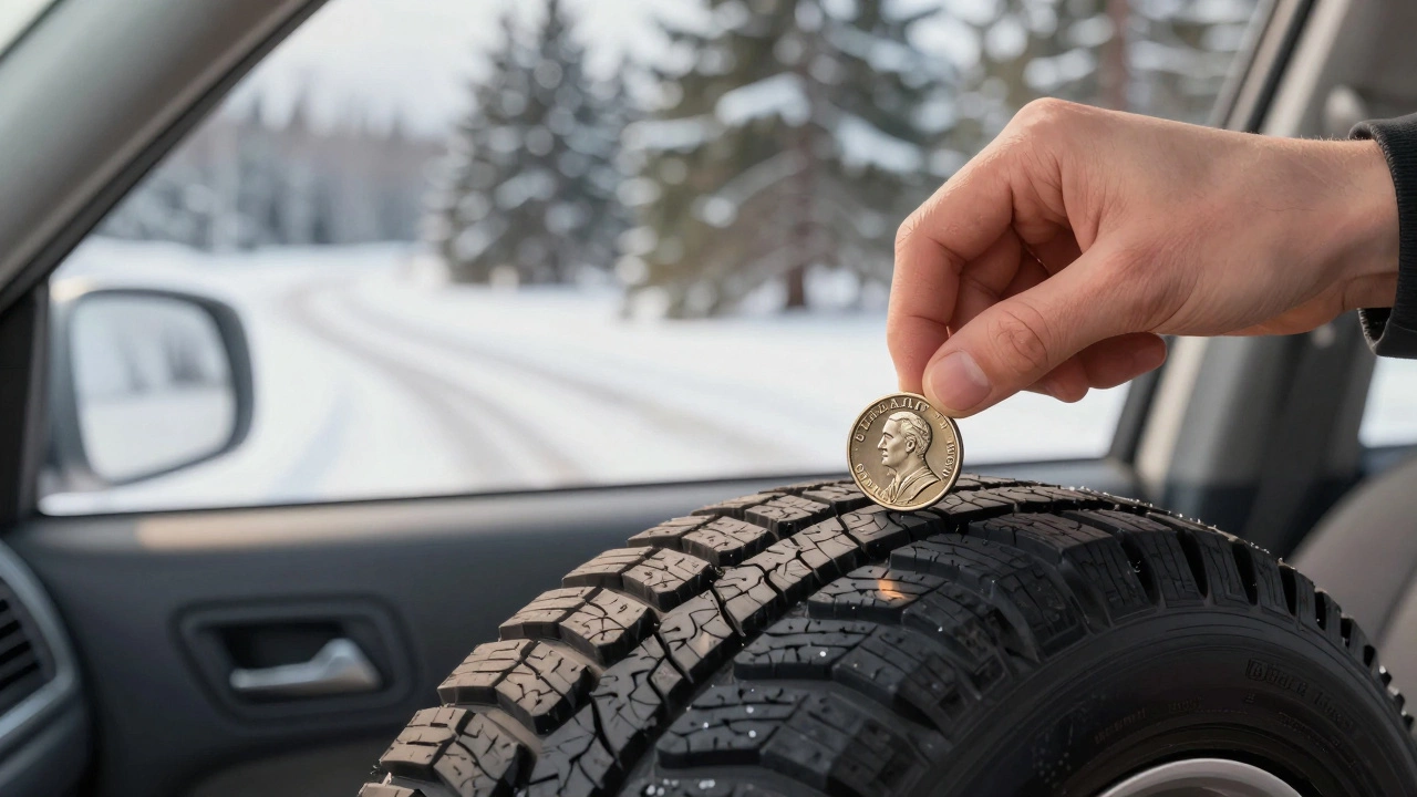 Водитель проверяет глубину протектора зимней шины с помощью канадской четвертаковой монеты.