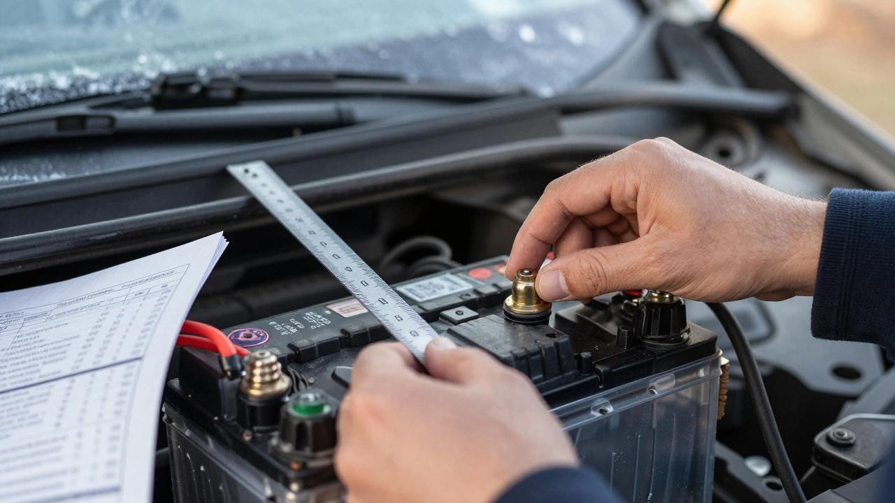 Водитель проверяет размеры и полярность аккумулятора перед установкой