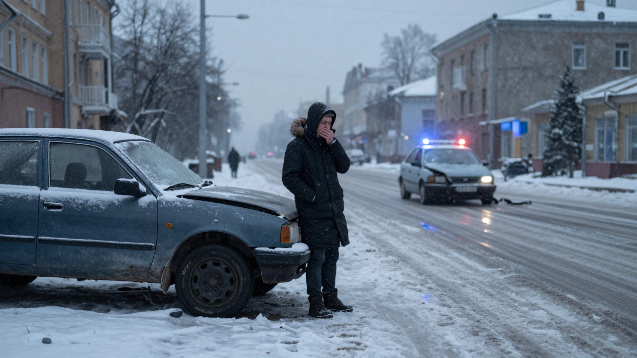 Водитель стоит у сломанной машины на льду, вдалеке — авария, снег идет, пасмурное утро.