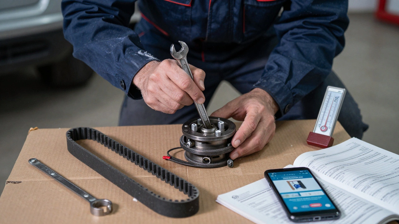 Автолюбитель в гараже пытается заменить ремень ГРМ при холодной погоде, окружённый инструментами и инструкцией.