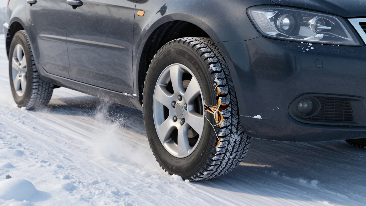 Автомобиль на заснеженной дороге: одна шина разрушается во время вращения, обнажая внутренние слои.