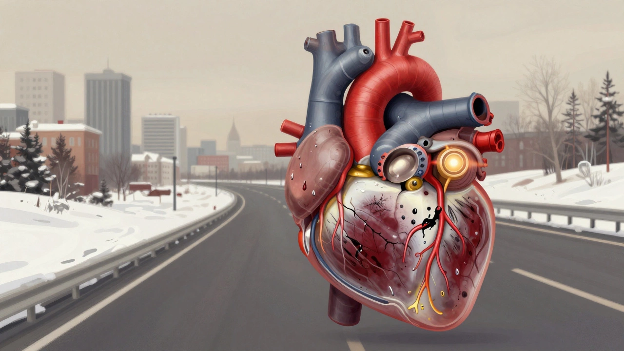 Двигатель автомобиля, изображённый как человеческое сердце, с загрязнёнными и чистыми участками масляных потоков.