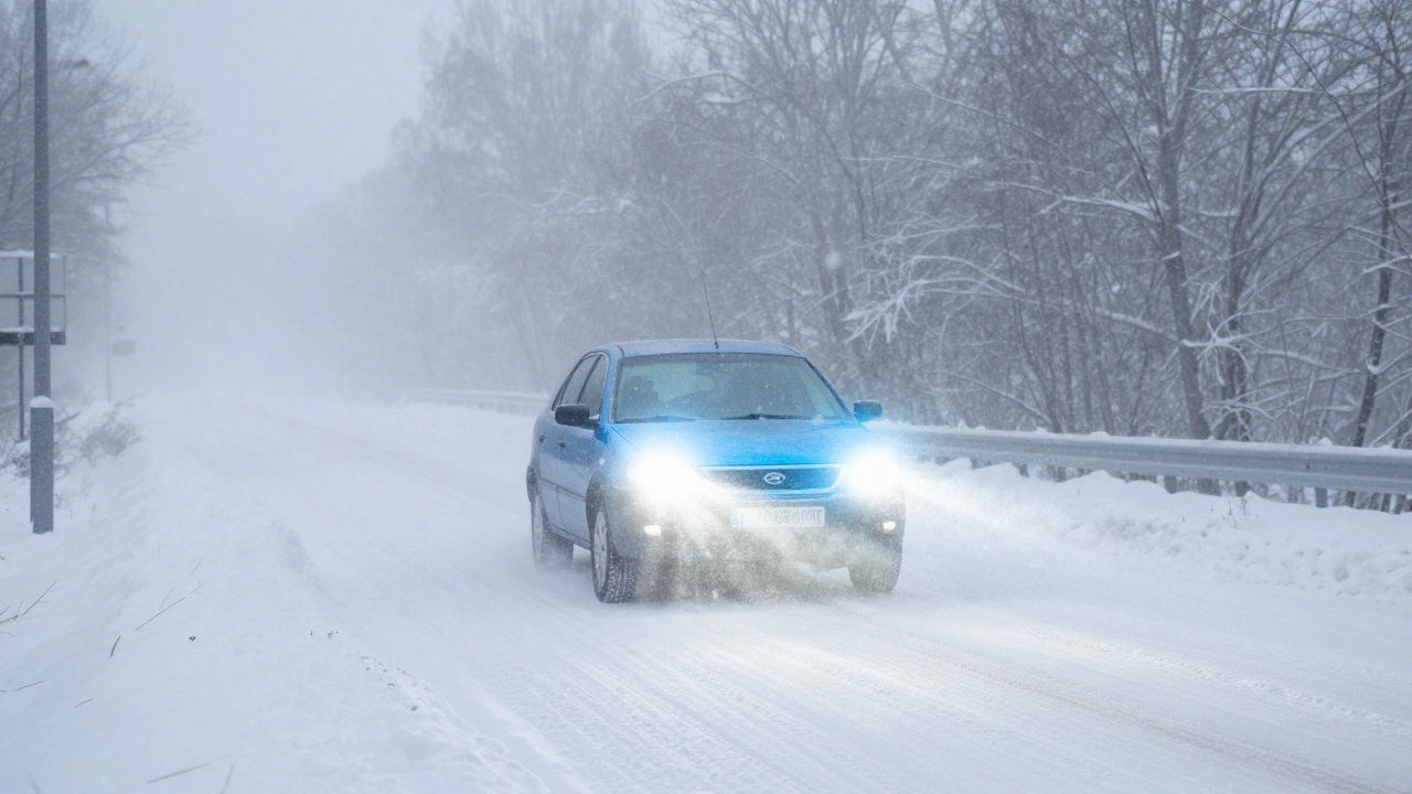 Фары 6500К создают ослепляющую пелену в снегу, скрывая дорожное покрытие.