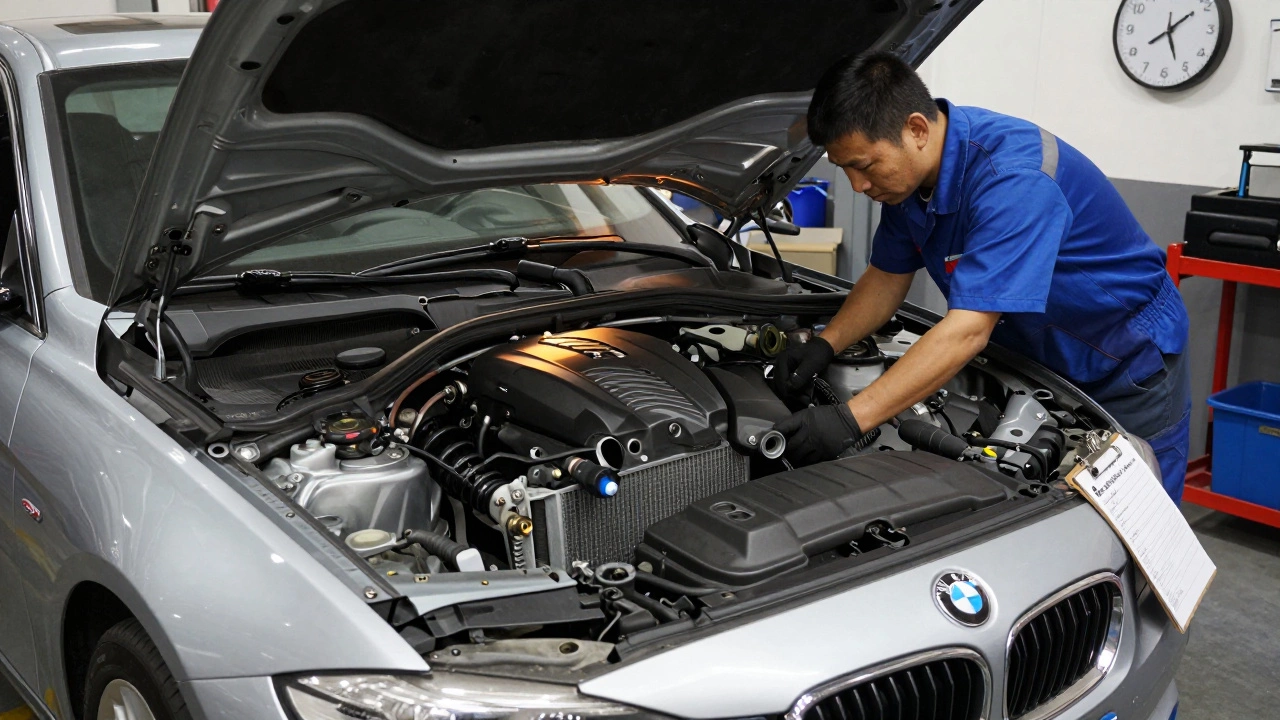 Мастер работает на двигателе BMW с снятой передней частью, в сервисной зоне с видимыми признаками сложной работы.