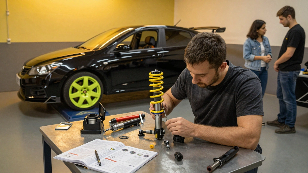 Механик устанавливает спортивную подвеску на машину, рядом — другой автомобиль с декоративными элементами.