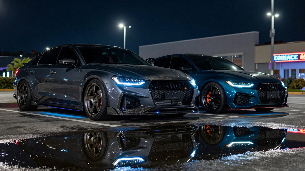 Ночная парковка: одна машина с кастомным обвесом и подсветкой, другая — с минимальными косметическими изменениями.