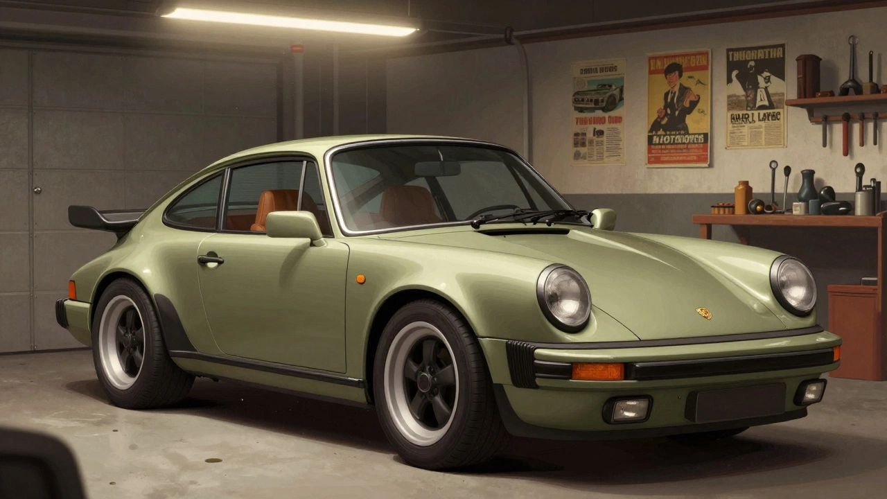 Porsche 911 964 в гараже с оригинальными дисками и кожаным салоном.