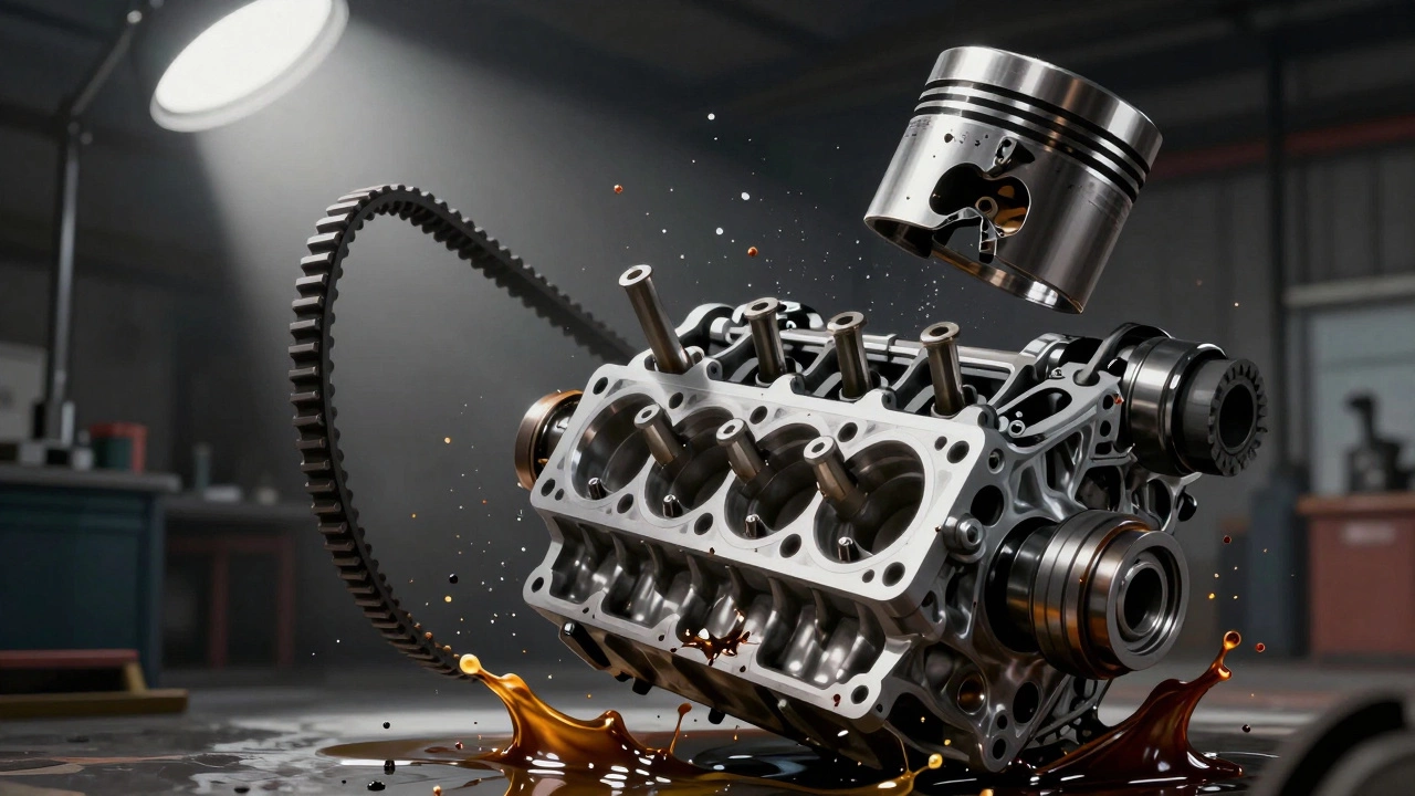 Разрушение двигателя после обрыва ремня ГРМ: погнутые клапаны и повреждённый поршень в условиях аварии.