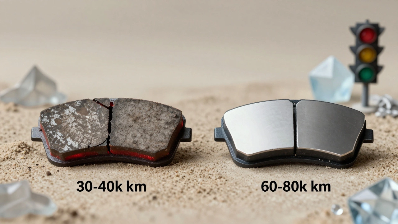Сравнение изношенных передних и новых задних тормозных колодок с символами погоды и стиля вождения.
