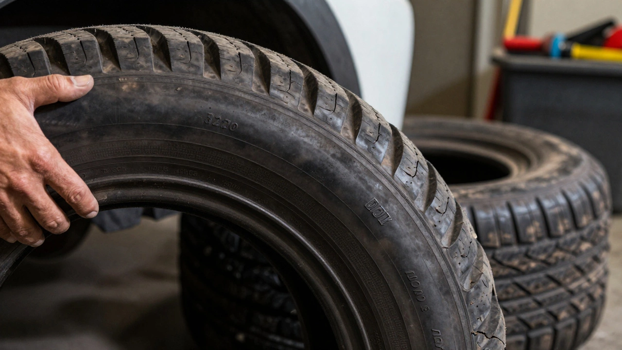 Сравнение свежей и 20-летней шины: на переднем плане — новая резина, на заднем — треснутая старая с кодом DOT.