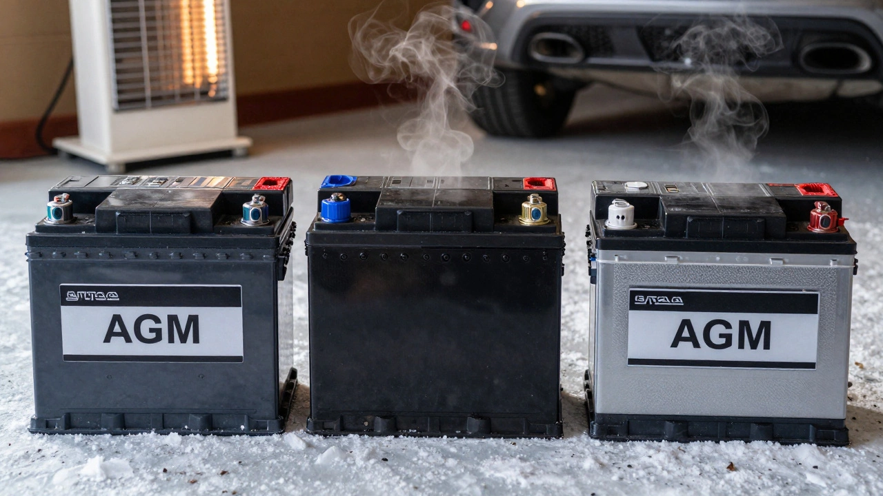 Три типа аккумуляторов на снегу: кислотный, гибридный и AGM с текстурными деталями.