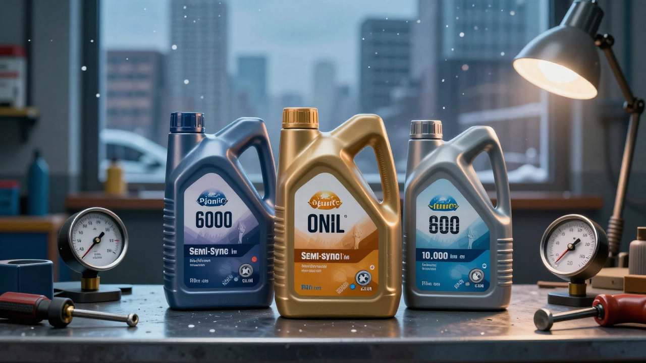 Три типа моторного масла на верстаке с указателями пробега и зимним пейзажем за окном.