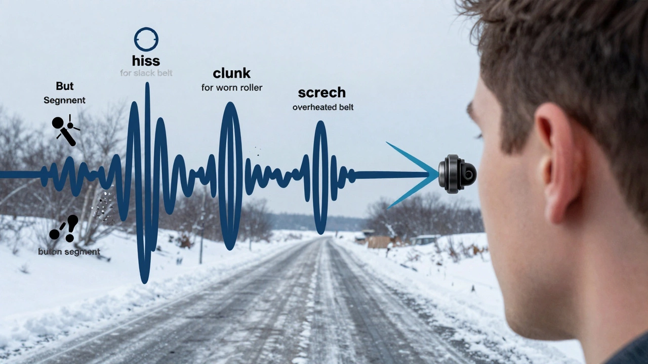 Звуковые волны, изображающие четыре типа неисправностей ремня ГРМ: шелест, стук, визг и хлопок.