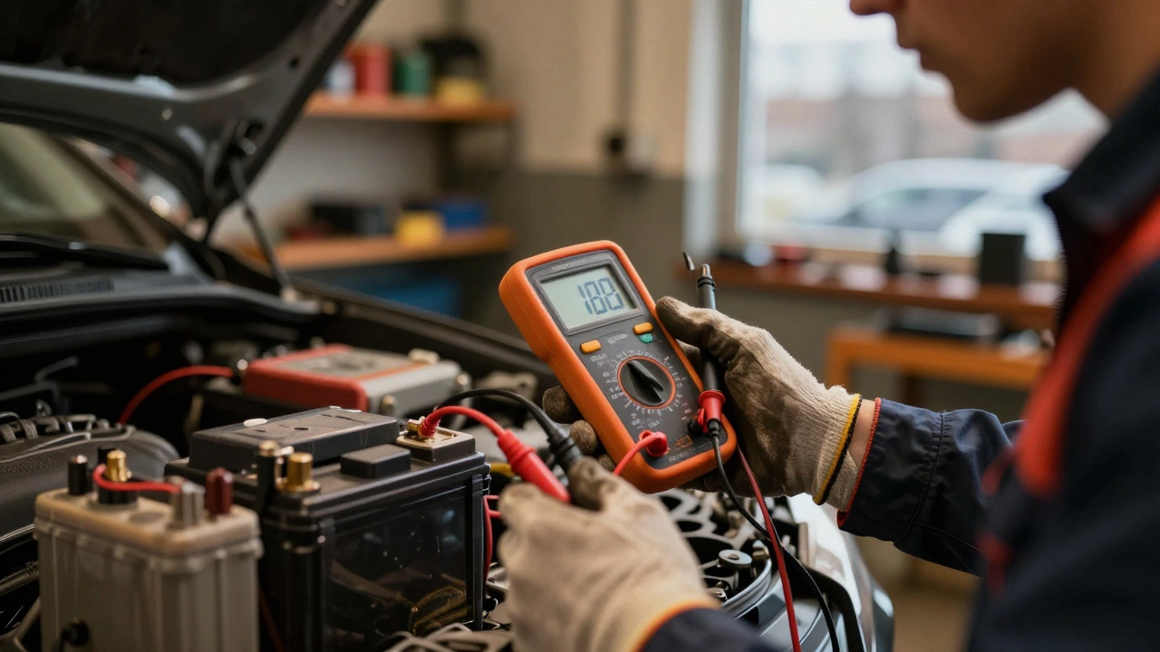 Автоэлектрик проводит диагностику АКБ с помощью цифрового прибора