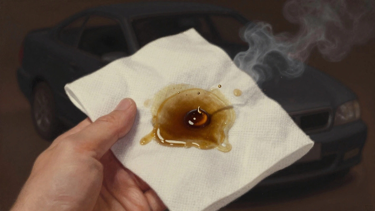 Бумажная салфетка с пятном отработанного моторного масла, видны мутные кольца и частицы металла.