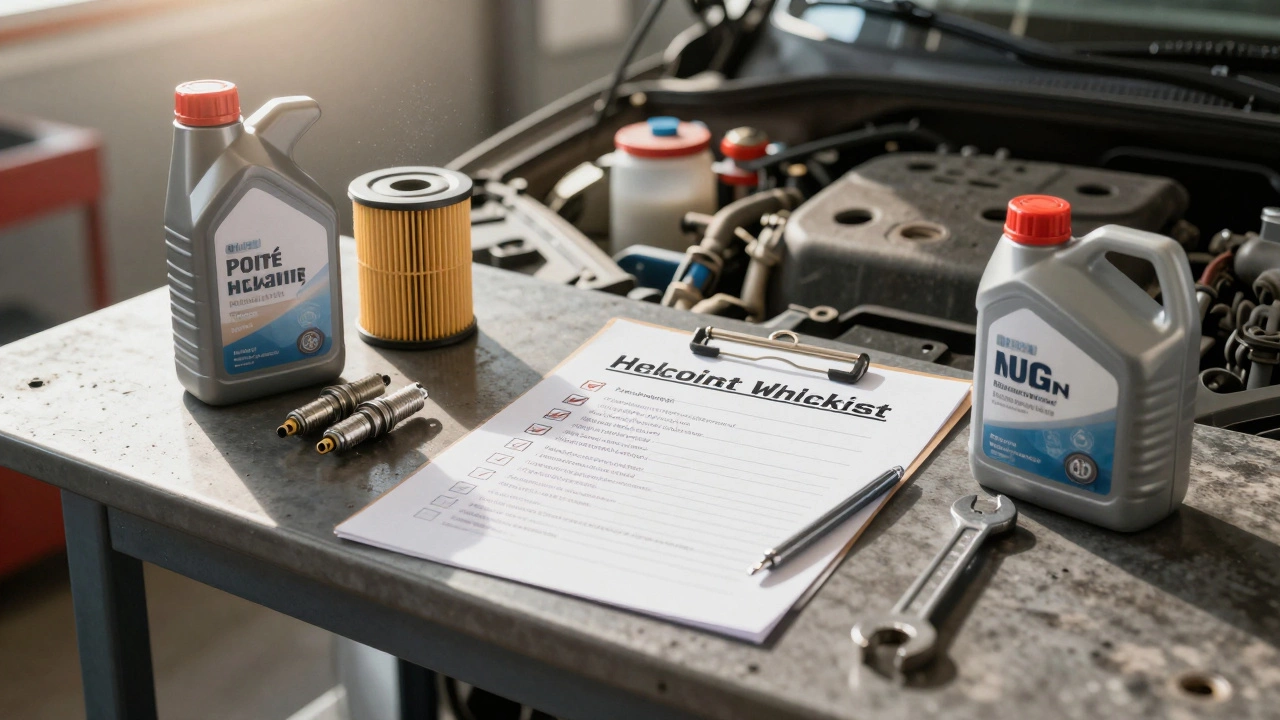 Чек-лист на Werkbankе рядом с открытым капотом: масло, фильтры, свечи, жидкости — всё для комплексного ТО.