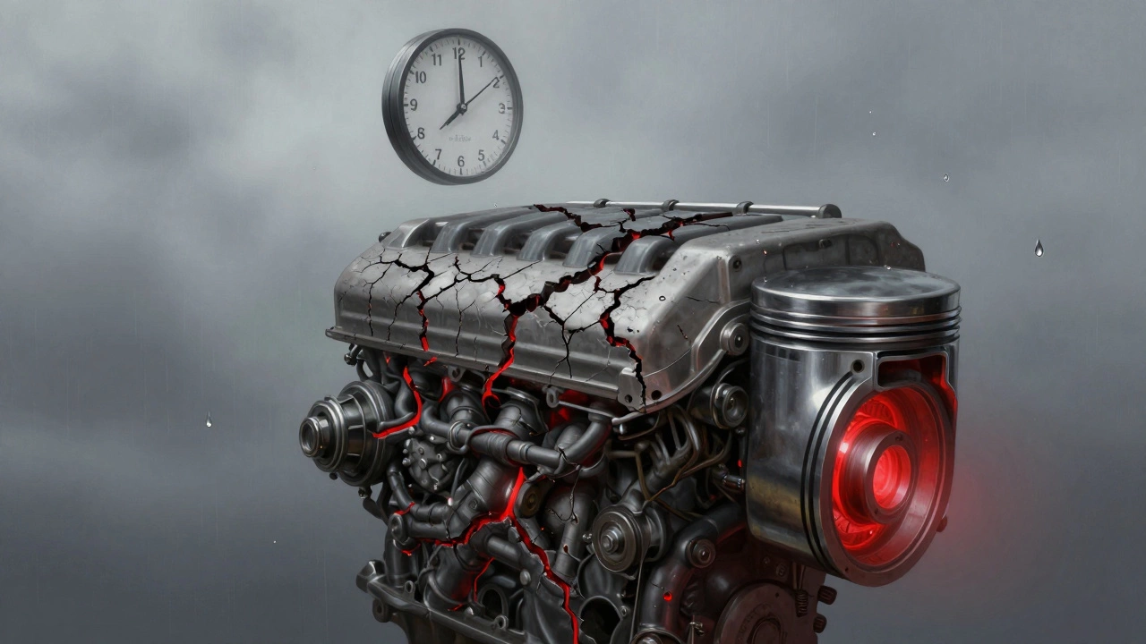 Двигатель как живое существо с треснувшими масляными путями и часами, показывающими 40 000 км пробега.