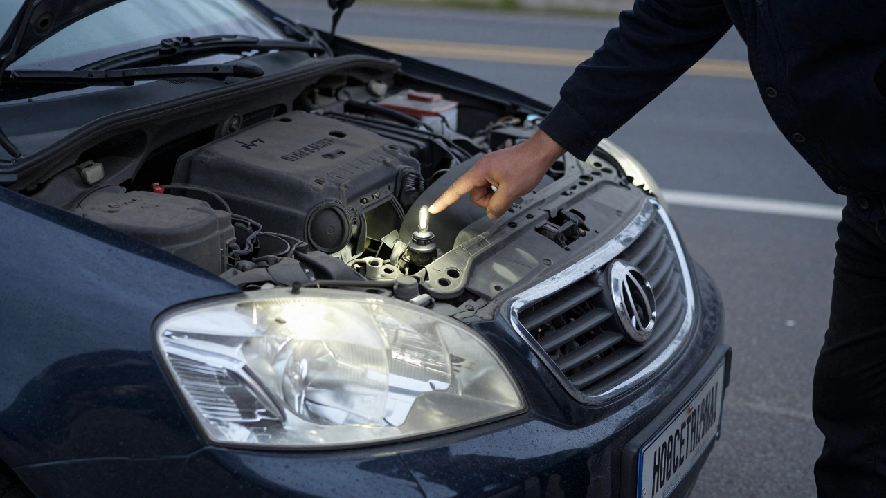 Инспектор ГИБДД проверяет автомобиль с неподходящей лампой в фаре, открытый капот и запылённый световой рассеиватель.