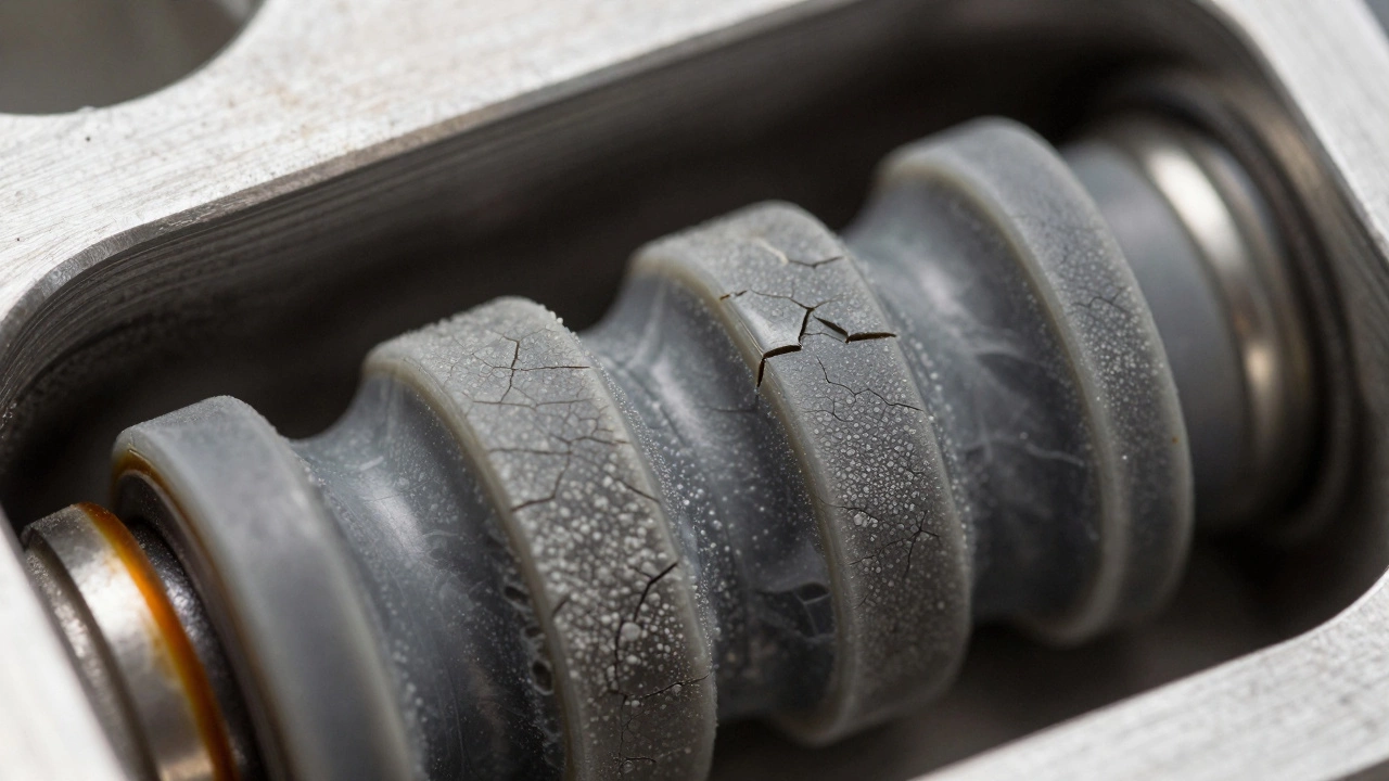 Изношенный ремень газораспределения с видимыми дефектами и загрязнениями