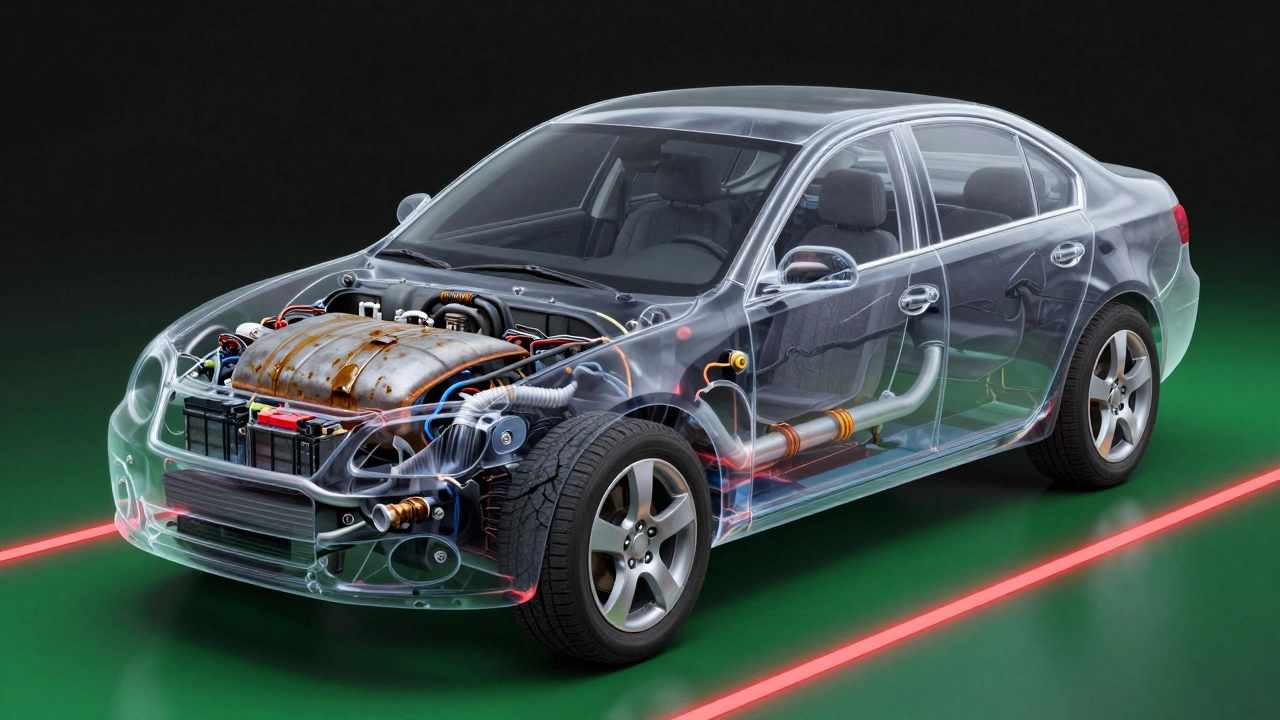 Прозрачный автомобиль с внутренними поврежденными системами, заменяемыми на новые элементы.