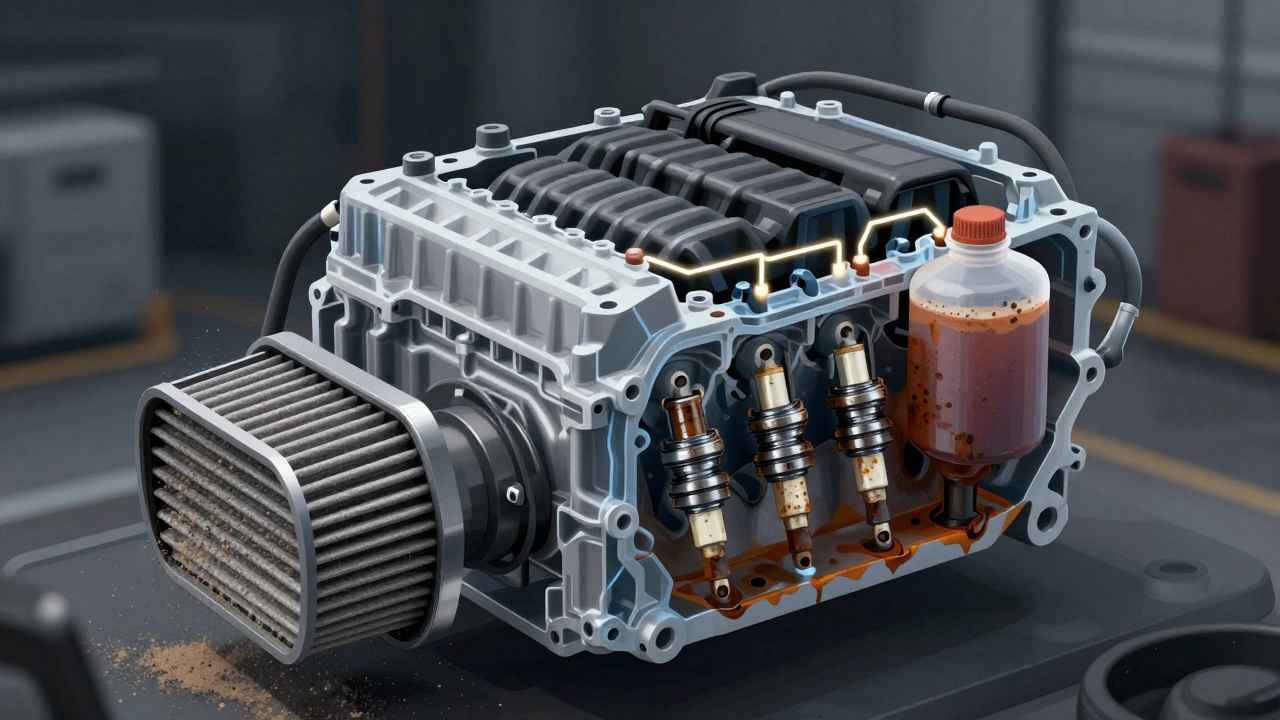 Прозрачный двигатель с загрязнёнными компонентами: грязный воздушный фильтр, изношенные свечи и ржавая охлаждающая жидкость.