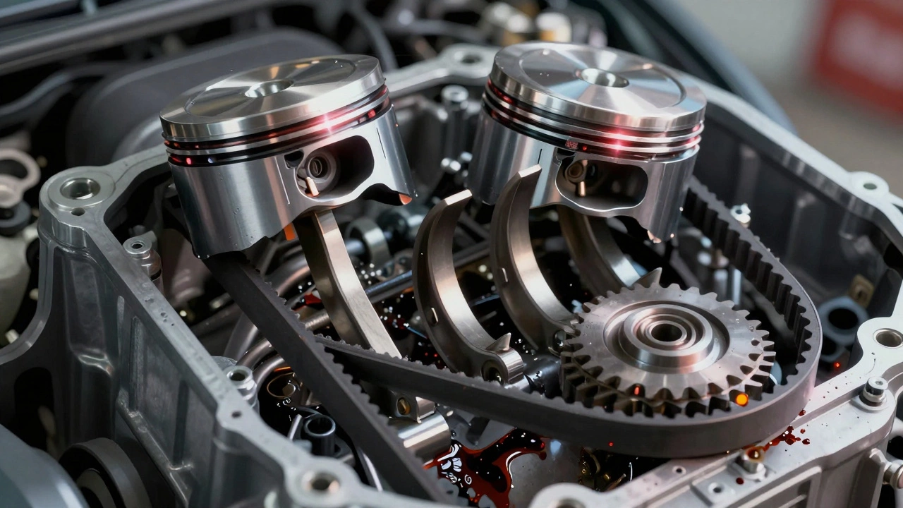 Разобранный двигатель с погнутыми клапанами и треснутыми поршнями после обрыва ремня ГРМ